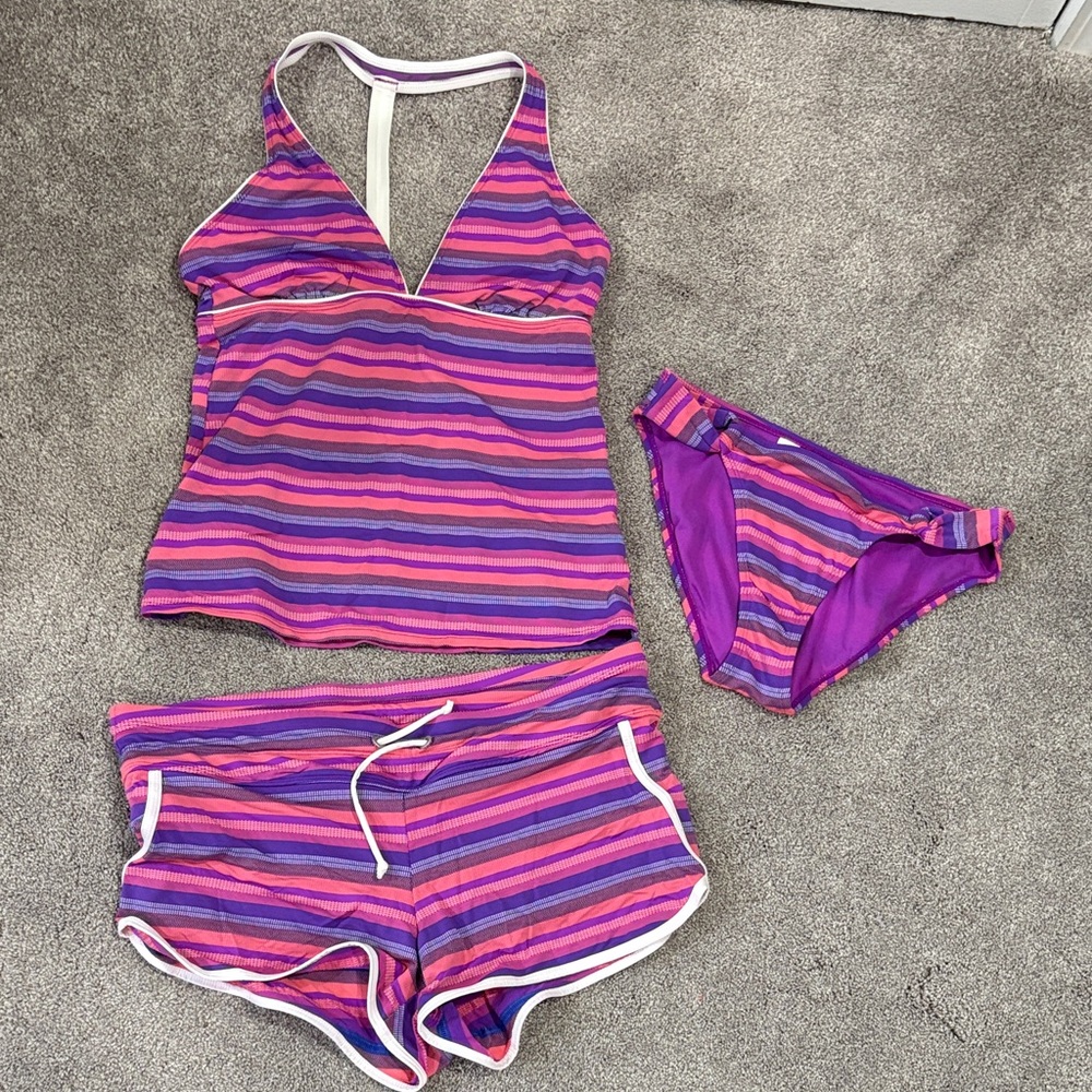 Athleta Pink and Purple Striped Swimwear Set